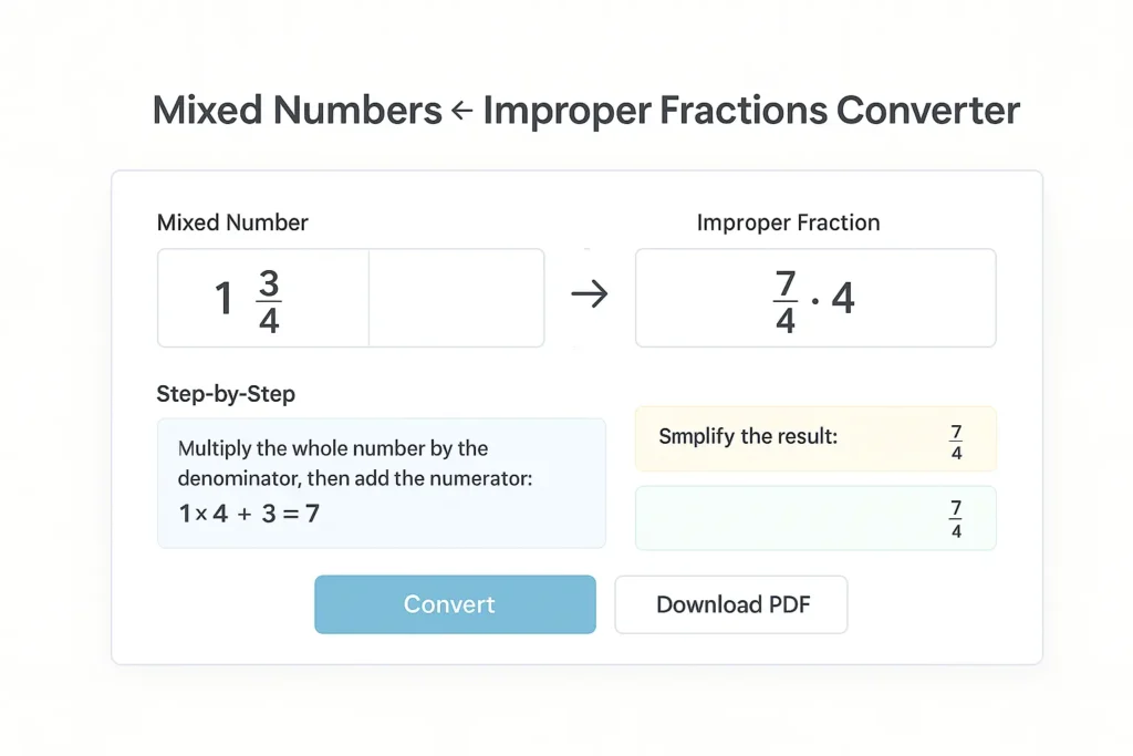 Mixed Numbers to Improper Fractions Tool | HeLovesMath Screenshot of an interactive Mixed Numbers ↔ Improper Fractions converter showing mixed number inputs, step-by-step hints, and a Download PDF button