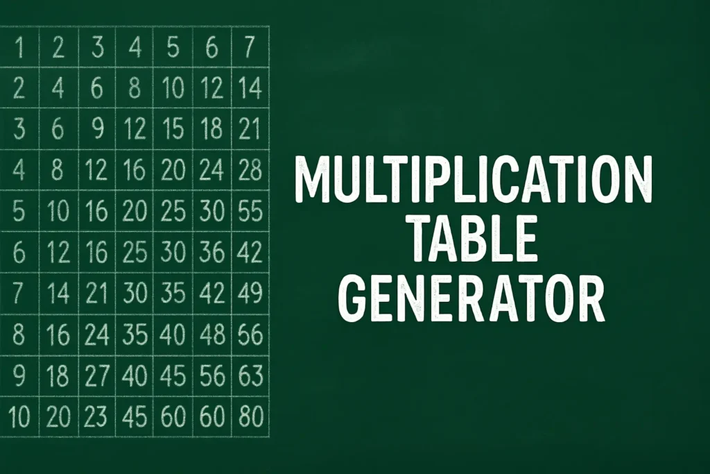 Free Multiplication Table Generator | HeLovesMath Green chalkboard background with a 12 × 12 multiplication table on the left and large white text reading “Multiplication Table Generator” on the right.