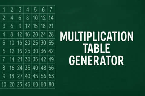 Free Multiplication Table Generator | HeLovesMath Green chalkboard background with a 12 × 12 multiplication table on the left and large white text reading “Multiplication Table Generator” on the right.