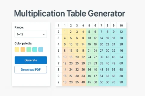 Screenshot of an online multiplication table generator showing range selector, color palette, and a colorful 1–12 times table grid with “Download PDF” button