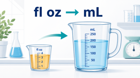 Fluid-ounce to millilitre conversion diagram showing a fl oz measuring cup, an mL measuring jug, and a conversion arrow