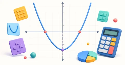 Educational parabola graph with two x-intercepts, a highlighted vertex, algebra tiles, and a calculator