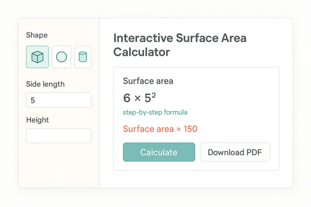 Surface Area Calculator | What is surface area | HeLovesMath Screenshot of an interactive surface area calculator showing shape selector (cube, sphere, cylinder), dimension inputs, calculated result, and a “Download PDF” button