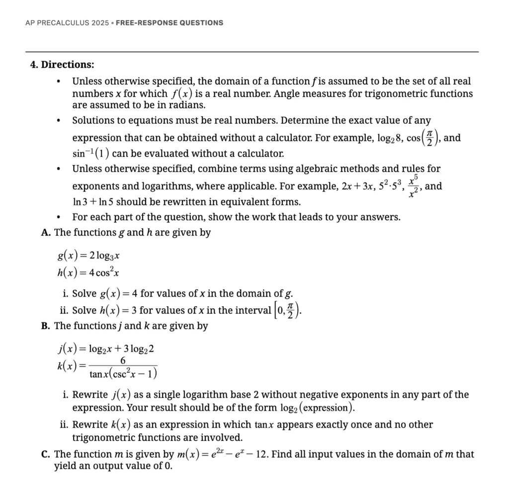 AP® Precalculus Free-Response Questions Past Paper 2025 Solution | HeLovesMath AP PRECALCULUS 2025 FREE-RESPONSE QUESTIONS 4