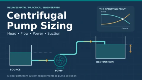 Centrifugal Pump Sizing: a centrifugal pump transfers liquid from a lower source tank into an elevated destination, with pump and system curves illustrating an operating point. Head, flow, power and suction are the sizing topics.