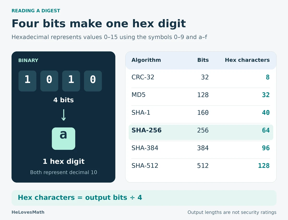 Digest lengths from 32 to 512 bits with equivalent hexadecimal digit counts.