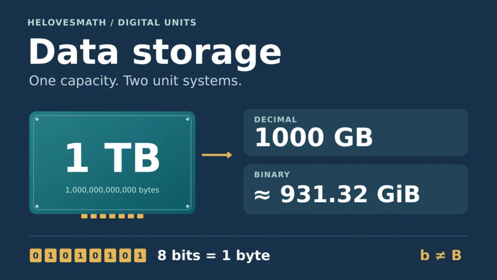 A 1 TB storage drive is 1000 GB in decimal units or about 931.32 GiB in binary units. Eight bits make one byte.