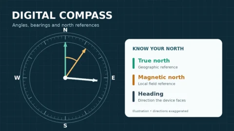 Compass illustration distinguishing geographic true north, magnetic north and the direction a device faces, with clockwise angle markings.