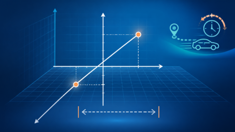 Distance calculator illustration with 2D coordinate points, 3D grid, and speed-time travel cue