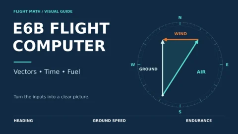 E6B flight computer visual guide showing air and wind vectors combining into a northward ground vector inside a compass ring.