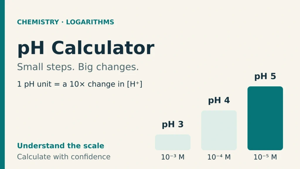 pH Calculator cover showing pH 3, 4 and 5 as equal steps with hydrogen-ion concentrations of 10⁻³, 10⁻⁴ and 10⁻⁵ M.