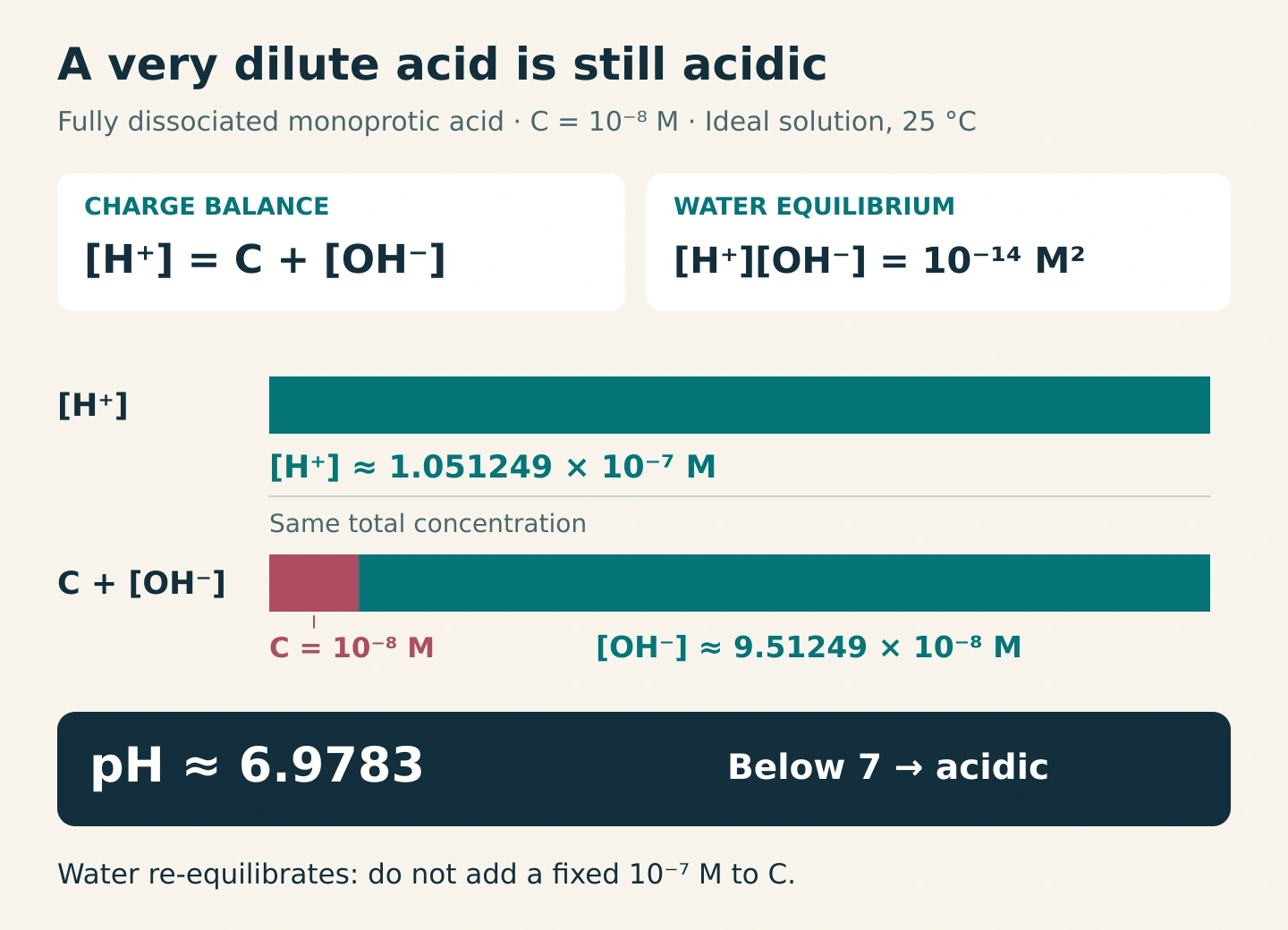 An ideal 10^-8 M fully dissociated monoprotic strong acid at 25 degrees Celsius is slightly acidic. Charge balance [H+] = C + [OH-] and [H+][OH-] = 10^-14 M^2 give [H+] approximately 1.051249 × 10^-7 M, [OH-] approximately 9.51249 × 10^-8 M, and pH approximately 6.9783. The equal-length concentration bars represent [H+] and C plus [OH-]. Water re-equilibrates, so do not add a fixed 10^-7 M to C.