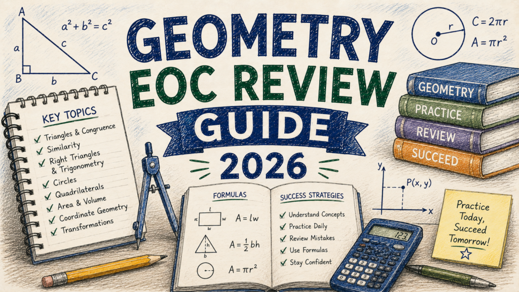 Hand-drawn Geometry EOC Review Guide 2026 feature image with geometry formulas, triangles, coordinate graphs, calculator, and math study illustrations