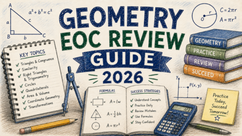 Hand-drawn Geometry EOC Review Guide 2026 feature image with geometry formulas, triangles, coordinate graphs, calculator, and math study illustrations