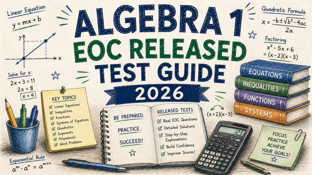 Hand-drawn Algebra 1 EOC Released Test Guide 2026 feature image with algebra formulas, equations, functions, graphing, calculator, and math study illustrations