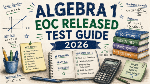 Hand-drawn Algebra 1 EOC Released Test Guide 2026 feature image with algebra formulas, equations, functions, graphing, calculator, and math study illustrations