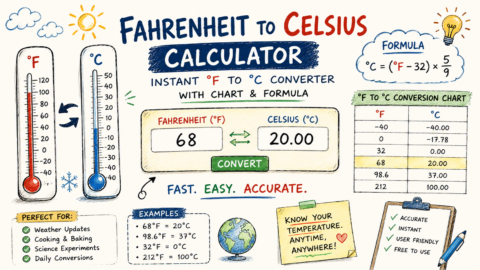 Hand-drawn Fahrenheit to Celsius Calculator feature image with thermometers, temperature conversion formula, chart, and instant °F to °C converter illustration