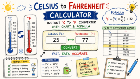 Hand-drawn Celsius to Fahrenheit Calculator feature image with thermometers, temperature conversion formula, chart, and instant °C to °F converter illustration