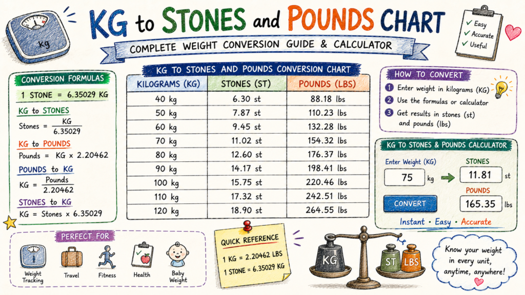 Hand-drawn KG to Stones and Pounds Chart feature image with weight conversion formulas, calculator, balance scale, and kilograms to pounds conversion table