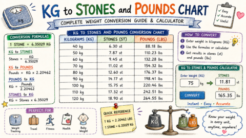Hand-drawn KG to Stones and Pounds Chart feature image with weight conversion formulas, calculator, balance scale, and kilograms to pounds conversion table