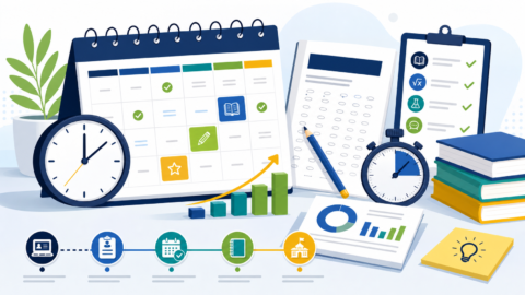 Educational ACT exam timetable illustration showing a study calendar, clocks, test materials, and a preparation timeline