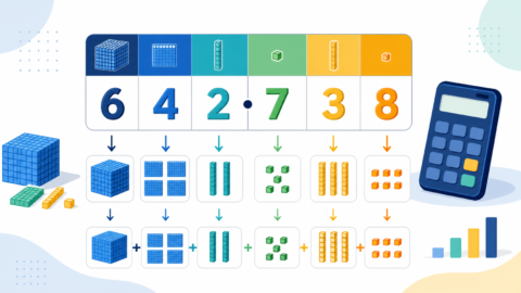 Educational illustration showing a place-value grid, decimal point, calculator, and arrows breaking a number into expanded form