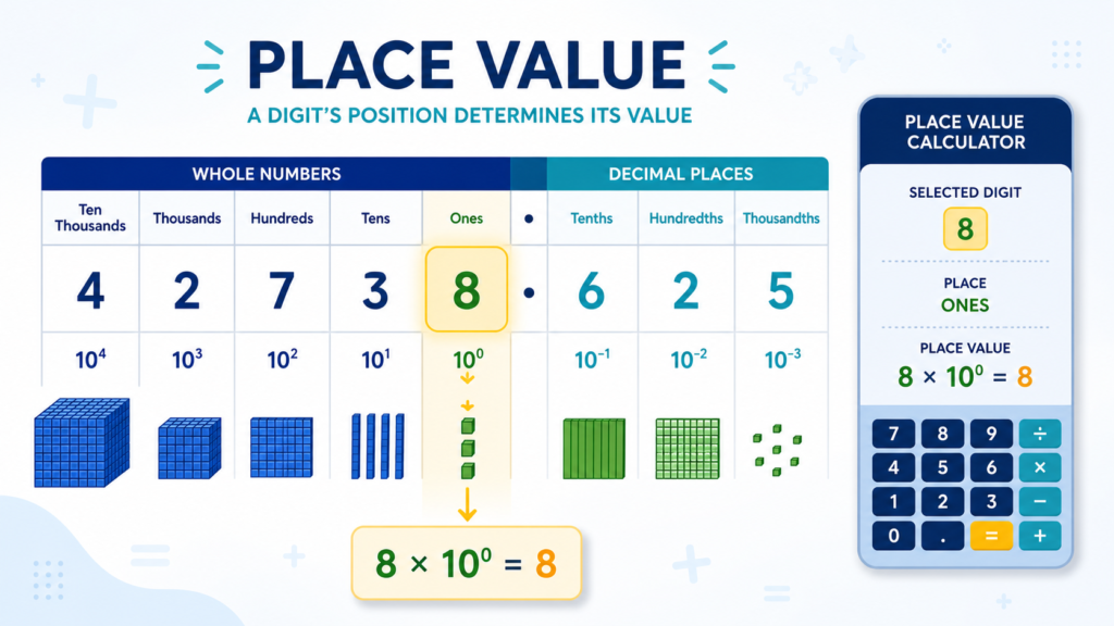 Educational place-value chart showing a highlighted digit, decimal places, powers of ten, and a calculator