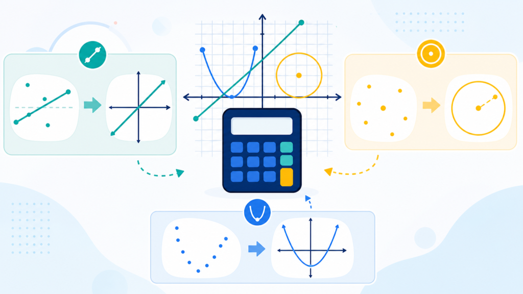 Educational illustration showing a coordinate grid, calculator, line, quadratic curve, and circle for standard-form equations
