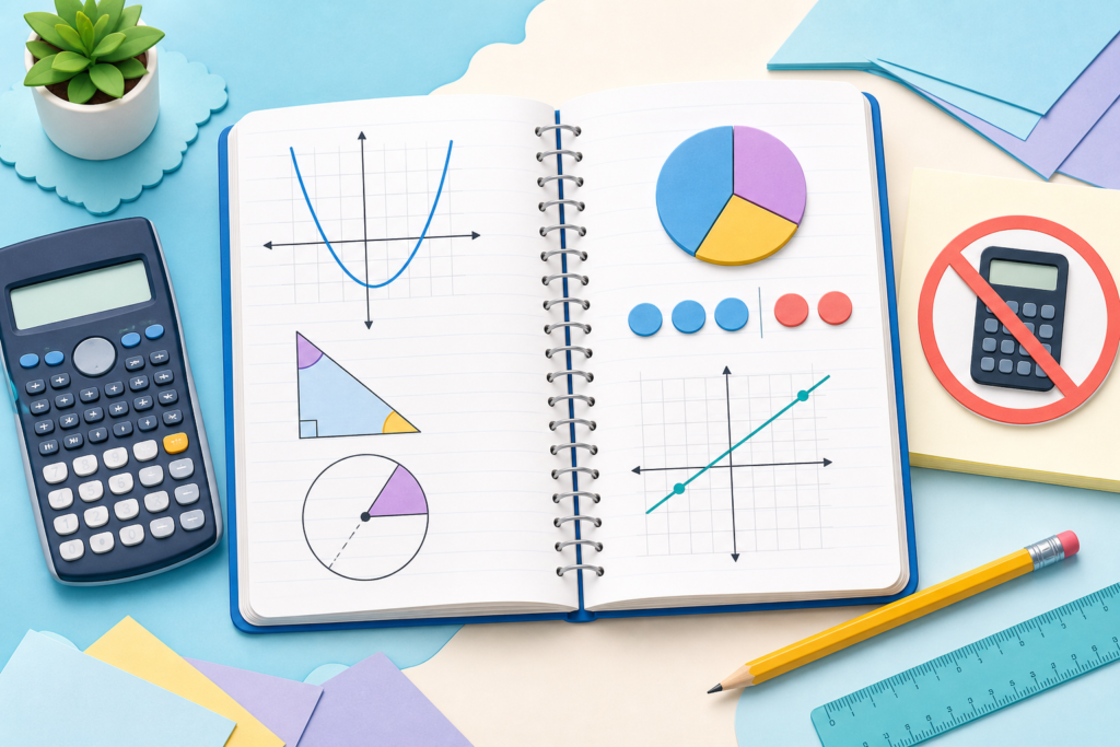 Cambridge IGCSE Mathematics 0580 revision notebook with calculator and non-calculator study diagrams