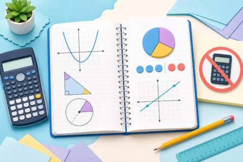 Cambridge IGCSE Mathematics 0580 revision notebook with calculator and non-calculator study diagrams