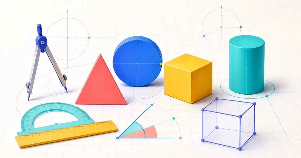 Geometry shapes, compass, ruler, protractor, sphere, cube, and cylinder