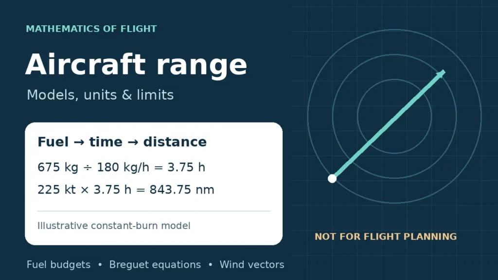Aircraft-range teaching graphic: 675 kg divided by 180 kg per hour gives 3.75 hours; at 225 knots this gives 843.75 nautical miles. Educational model, not for flight planning.