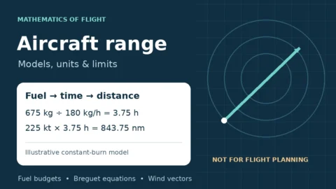 Aircraft-range teaching graphic: 675 kg divided by 180 kg per hour gives 3.75 hours; at 225 knots this gives 843.75 nautical miles. Educational model, not for flight planning.
