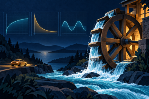 Original illustration of a waterwheel above a blue stream, a gold car, and conceptual logarithmic, exponential-decay, and periodic curves.