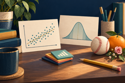 Original illustration of a study desk with a scatterplot, bell curve, baseball, orange and rose, introducing the contexts in the 2026 AP Statistics questions.