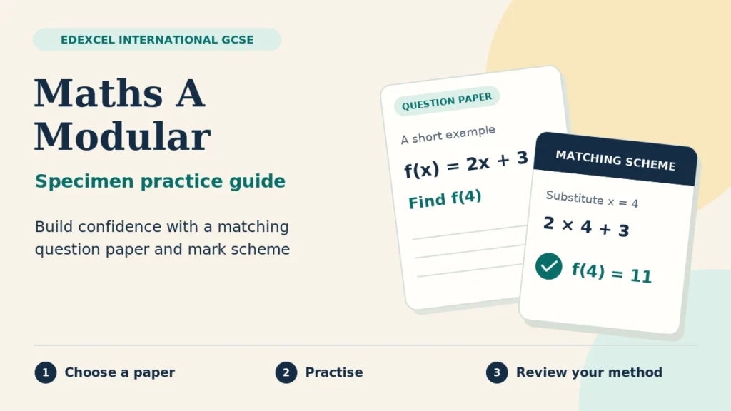Edexcel International GCSE Maths A Modular specimen practice guide, illustrated with a question paper and its matching mark scheme.