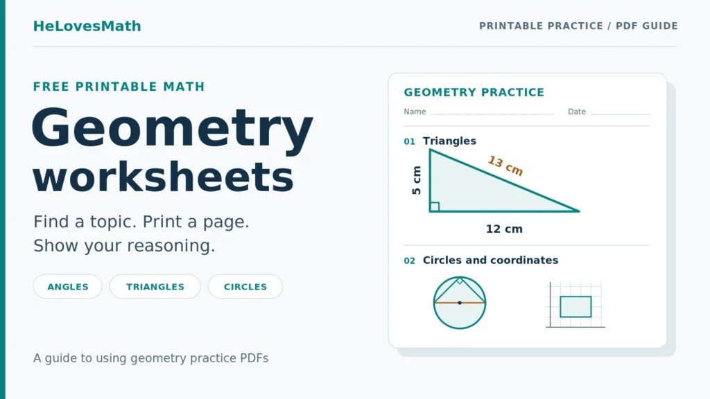 Original Geometry worksheets guide cover with a printable practice-sheet illustration, a right triangle, and a circle. The heading reads Free printable math: Geometry worksheets.