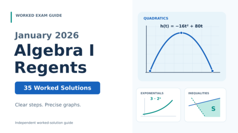 An original white, blue, and teal study-guide cover titled January 2026 Algebra I Regents, with the subtitle 35 Worked Solutions and original exponential, quadratic, and inequality graph motifs. Independent guide; no official branding.