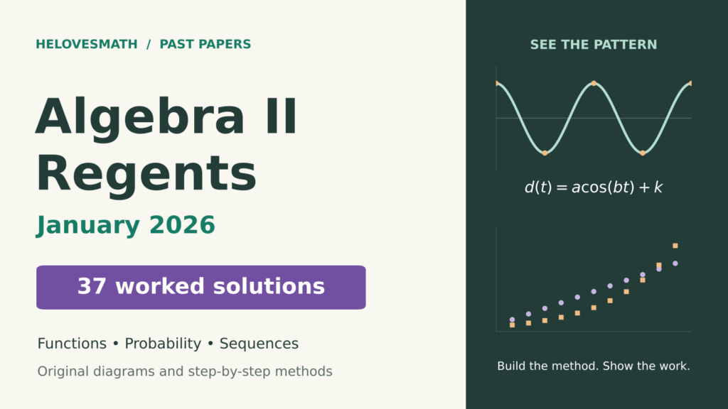 January 2026 Algebra II Regents, 37 worked solutions, illustrated with original sinusoid and discrete-sequence motifs