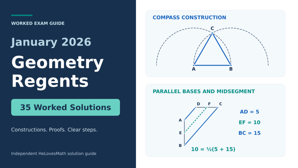 January 2026 Geometry Regents, 35 worked solutions, illustrated with original compass construction and coordinate geometry