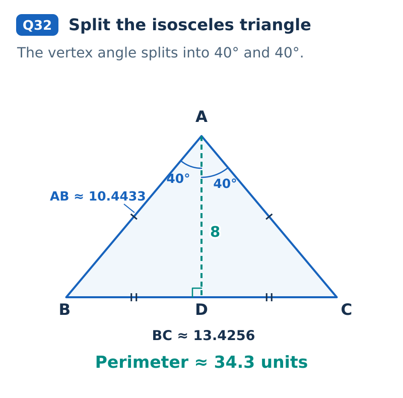 Altitude AD has length 8 and bisects the 80-degree vertex angle into two 40-degree angles. The two equal sides are about 10.4433, the base about 13.4256, and the perimeter rounds to 34.3.