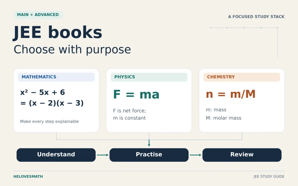 Three subject cards connect mathematics, physics and chemistry to Understand, Practise and Review. Examples show x² − 5x + 6 = (x − 2)(x − 3), F = ma for net force and constant mass, and n = m/M for amount of substance.
