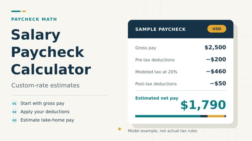 Salary Paycheck Calculator, Custom-rate estimates. An illustrative paycheck shows $2,500 gross pay, $200 pre-tax deductions, $460 modeled tax at 20%, $50 post-tax deductions, and $1,790 estimated net pay. Model example, not actual tax rules.