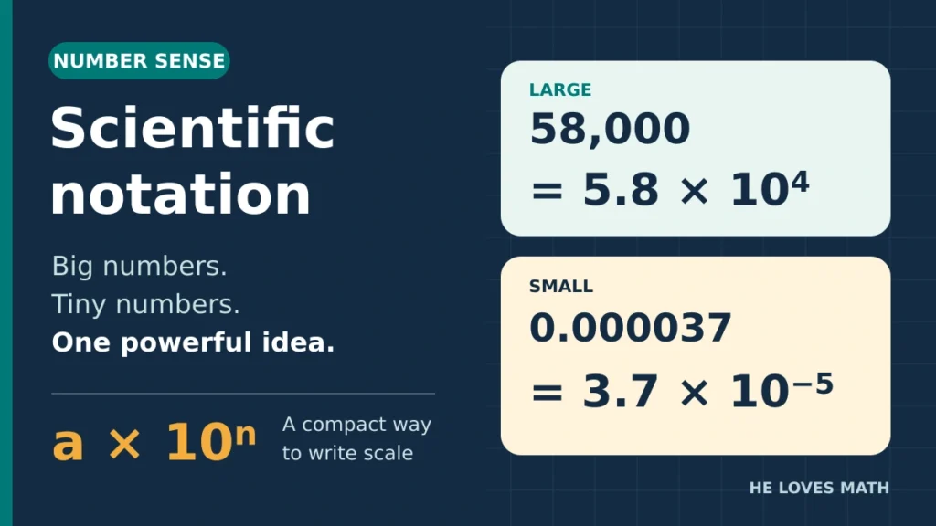Scientific notation examples: 58,000 equals 5.8 times 10 to the fourth power, and 0.000037 equals 3.7 times 10 to the negative fifth power.