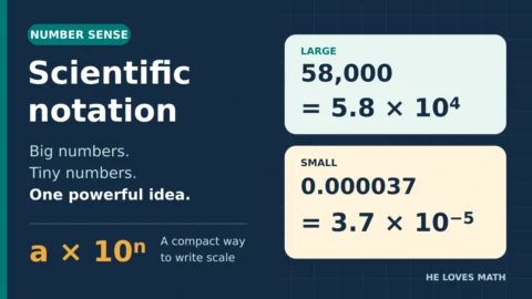 Scientific notation examples: 58,000 equals 5.8 times 10 to the fourth power, and 0.000037 equals 3.7 times 10 to the negative fifth power.