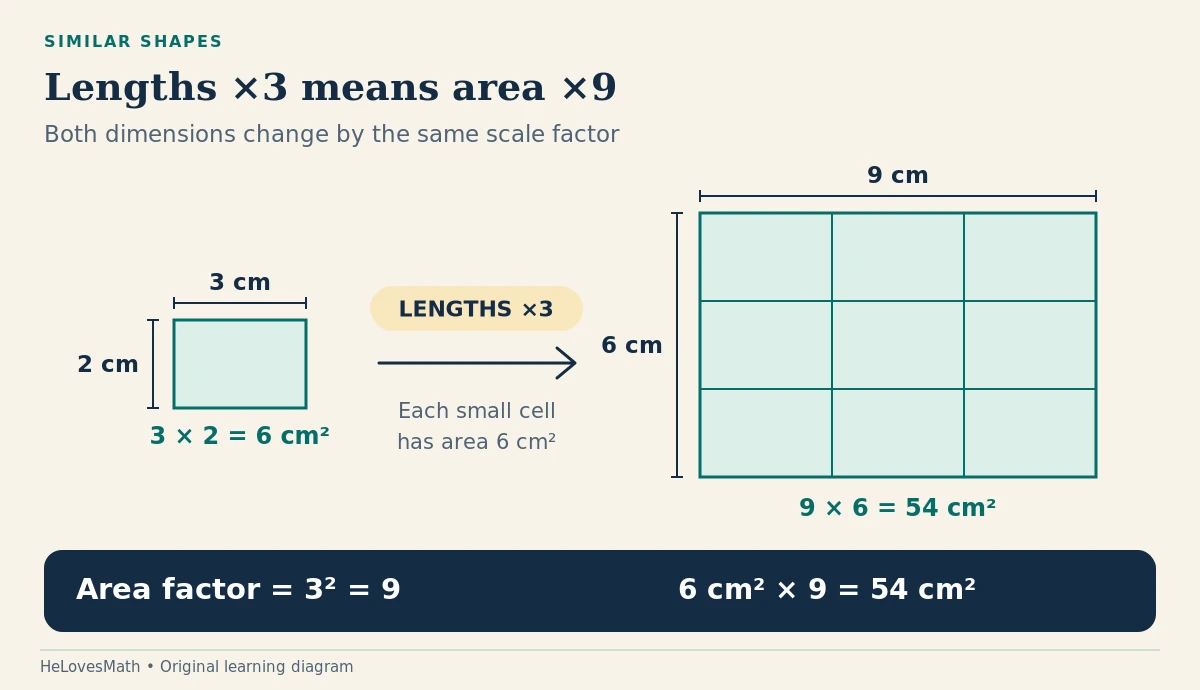 Two similar rectangles measure 3 cm by 2 cm and 9 cm by 6 cm. Each length is multiplied by 3, so area is multiplied by 3 squared, or 9: 6 square centimetres becomes 54 square centimetres. The larger rectangle is split into nine copies of the smaller one.