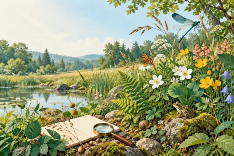 Illustrated meadow and pond habitat with wildflowers, ferns, a butterfly, dragonfly, frog and snail beside a field notebook and hand lens.