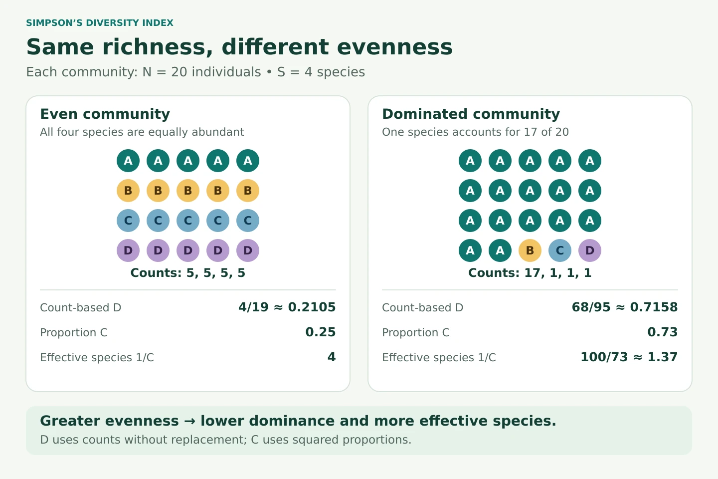 Four equally abundant species with counts 5,5,5,5 have effective diversity 4; counts 17,1,1,1 have effective diversity about 1.37 despite the same richness and total.