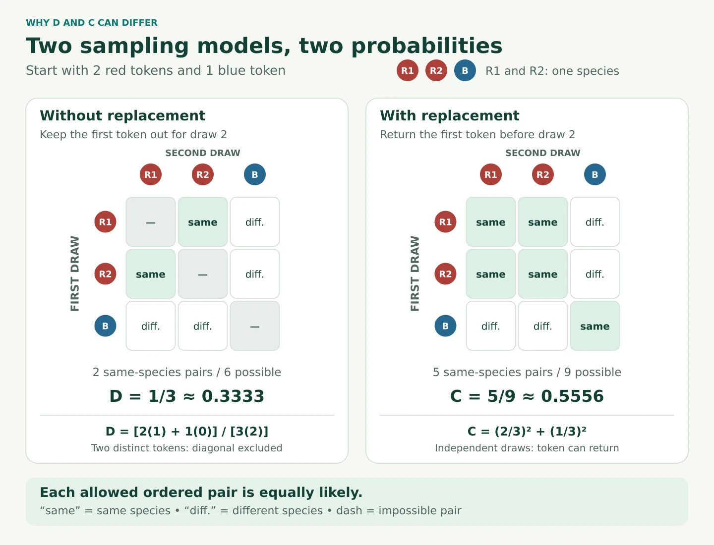 Two red and one blue individual: same-species probability is 1/3 without replacement and 5/9 with replacement.