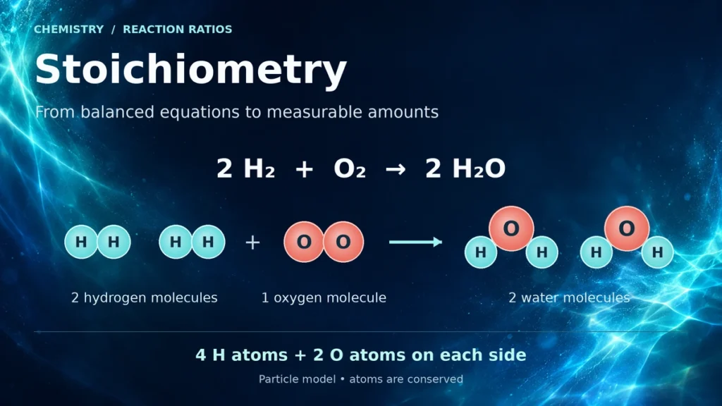 Particle model of the balanced reaction 2 H₂ + O₂ → 2 H₂O: two hydrogen molecules and one oxygen molecule form two water molecules, conserving four hydrogen atoms and two oxygen atoms.